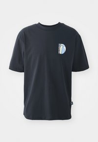 Black cotton t-shirt with short sleeves, featuring a light blue graphic logo on the left chest and a tab label on the hem.