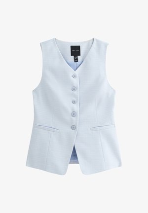 Lichtblauw, mouwloos vest van een textuurstof. Heeft een v-hals, zes knopen aan de voorkant en twee voorzakken.