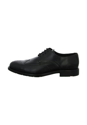 Schwarze Lederschuhe mit Broguemuster, Schnürung, runder Zehenpartie und niedriger Gummisohle. Glatte Textur mit polierter Oberfläche.