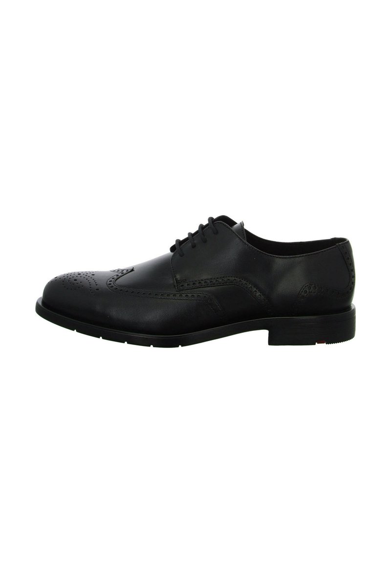 Schwarze Lederschuhe mit Broguemuster, Schnürung, runder Zehenpartie und niedriger Gummisohle. Glatte Textur mit polierter Oberfläche.