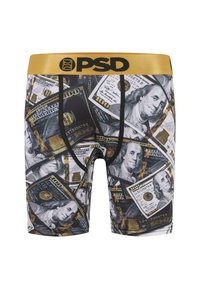 Boxer briefs neri con una stampa di banconote da cento dollari statunitensi, con un elastico dorato in vita su cui è presente il logo "PSD".