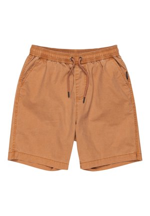 Shorts de algodón marrón con una cintura elástica, cierre de cordón y bolsillos laterales. Presentan una textura suave y un corte clásico.