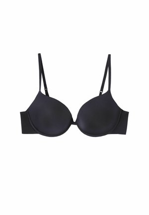 Soutien-gorge noir rembourré avec armatures et bretelles réglables, en tissu lisse et au design sans coutures. Il dispose d'une fermeture à crochets et œillets à l'arrière.