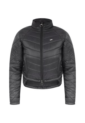 Zwarte pufferjack met hoge kraag, horizontaal chevron-gestikt ontwerp, voor eenrits sluiting en een cropped fit.