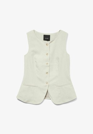 Heledad helebeez vest, millel on ümar kaelus, kuus nööpi ees ja kaks eesmist taskut. Valmistatud tekstuurilisest kangast.