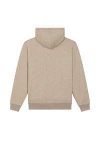 Sweat-shirt à capuche beige avec de longues manches, poignets et ourlet côtelés. Tissu doux et texturé, design simple sans motifs ni accents.