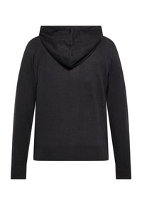 Černá mikina s kapucí vyrobená z měkkého materiálu, s kulatou kapucí, dlouhými rukávy a pružným lemem. Čistý, minimalistický design bez viditelného kovového příslušenství.