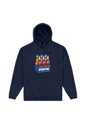 Navy blue hoodie featuring a printed graphic of five vintage soda bottles in a yellow box labeled "PEPSI." Front kangaroo pocket included.