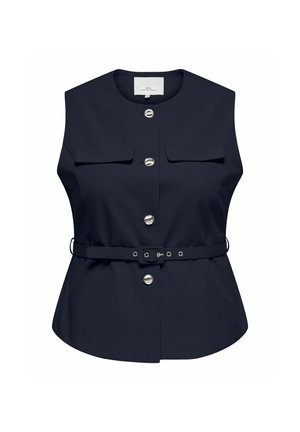 Ärmellose marineblaue Weste mit silbernen Knöpfen vorne, zwei Brusttaschen mit Klappen und Gürtel mit Schnalle in der Taille.