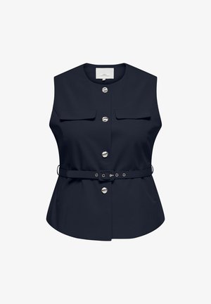 Ujjatlan tengerészkék mellény ezüst gombos elülső résszel, két mellzsebes folttal és övvel csattal a deréknál.