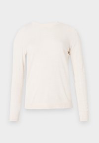 Camicia a maniche lunghe color beige chiaro realizzata in tessuto morbido, con scollo rotondo, vestibilità rilassata e design semplice senza motivi o decorazioni.