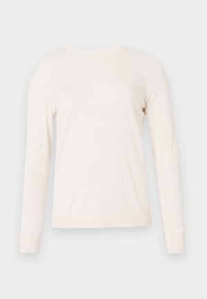 Hellbeiges Langarmhemd aus weichem Stoff, mit Rundhalsausschnitt, lockerem Schnitt und schlichtem Design ohne Muster oder Verzierungen.