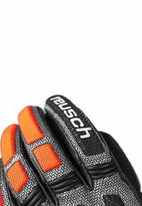 Die Reusch-Handschuhe bestehen aus einem strukturierten schwarzen Material mit orangen Akzenten und weißem Branding. Das Design umfasst verstärkte Fingergriffe und Riemen.
