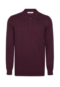 Bordowy longsleeve polo z klasycznym kołnierzykiem, trzema guzikami oraz ściągaczami przy mankietach i u dołu. Wykonany z miękkiego, dzianinowego materiału.
