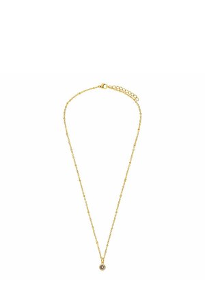 Gold-colored necklace with a delicate chain featuring a central round pendant set with a small stone, adding a subtle accent.
