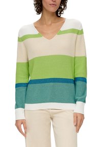 Lekki sweter dzianinowy z dekoltem w kształcie V, w paski w zieleniach, bieli i odcieniach niebieskiego, o luźnym kroju, z ściągaczami na mankietach i dole.