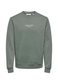Grøn sweatshirt lavet af blødt materiale, med rund halsudskæring, lange ærmer og hvid tekst på forsiden. Glat overflade, minimalistisk design.