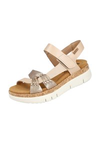 Sandalias ligeras para mujer con parte superior de cuero beige, plantilla de corcho y suela de goma blanca; cuenta con acentos trenzados en la parte delantera.