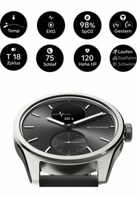 Orologio smart Withings con cassa in acciaio inossidabile e quadrante nero. Include icone per il monitoraggio della salute e un cinturino in silicone nero.