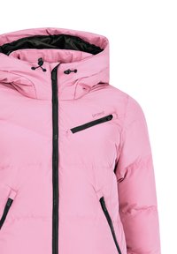 Ružová bunda so zipsom vpredu, čiernymi akcentmi a dvoma bočnými vreckami. Obsahuje kapucňu s pruhmi na stiahnutie a logo na hrudi.