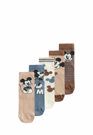 Five pairs of socks in various colors: pink, blue, beige, and brown, featuring Mickey Mouse designs, patterns, and varying textures.