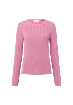 Roze gebreide trui met lange mouwen en ronde hals, met een textuurpatroon, weergegeven op een neutrale witte achtergrond.