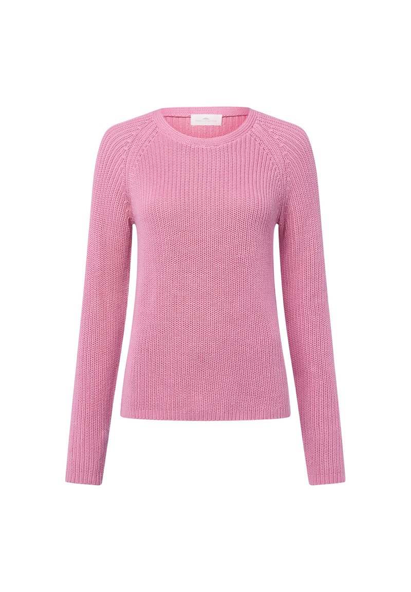 Roze gebreide trui met lange mouwen en ronde hals, met een textuurpatroon, weergegeven op een neutrale witte achtergrond.