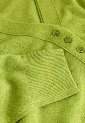 Green knit sweater featuring a ribbed sleeve cuff and three matching buttons along the placket. Soft texture with a subtle heathered pattern.