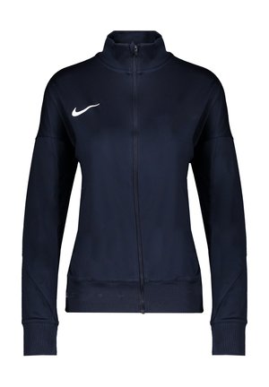 Marineblaue Nike-Sportjacke mit durchgehendem Frontreißverschluss und weißem Nike Swoosh-Logo auf der linken Brust, langen Ärmeln und hohem Kragen.