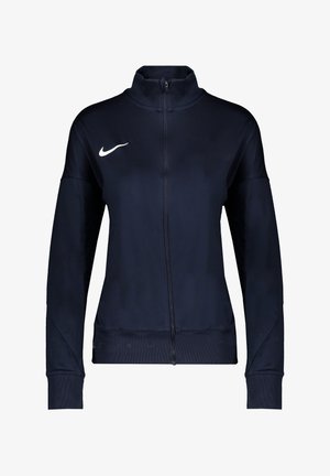 Marineblaue Nike-Sportjacke mit durchgehendem Frontreißverschluss und weißem Nike Swoosh-Logo auf der linken Brust, langen Ärmeln und hohem Kragen.