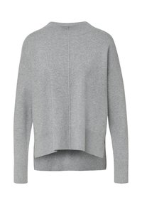 Jasnoszara sweter z prążkowanym dekoltem i mankietami. Posiada lekko skrócony fason z teksturowanym wykończeniem i bocznymi rozcięciami.