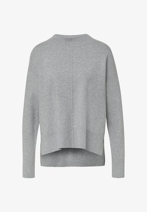 Hellgrauer Pullover mit geripptem Rundhalsausschnitt und Bündchen. Verfügt über ein leicht verkürztes Design mit strukturiertem Finish und seitlichen Schlitzen.