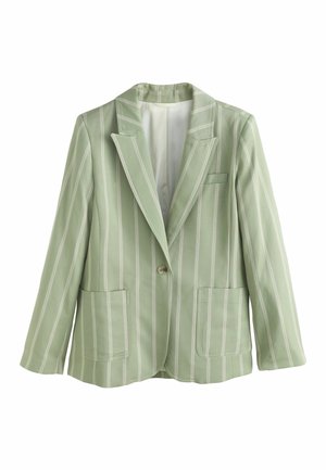 Blazer vert clair à un bouton, rayures verticales blanches, col cranté, deux poches plaquées devant et une poche poitrine passepoilée.