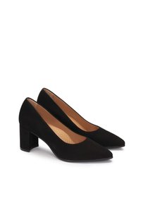 Black suede block-heel pumps with a pointed toe and a low-cut front. Features a textured insole and smooth interior lining.