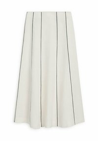 Knielanger A-Linien-Rock aus weißem Stoff mit schwarzen vertikalen Streifen, mit glatter Textur und klassischer Silhouette.