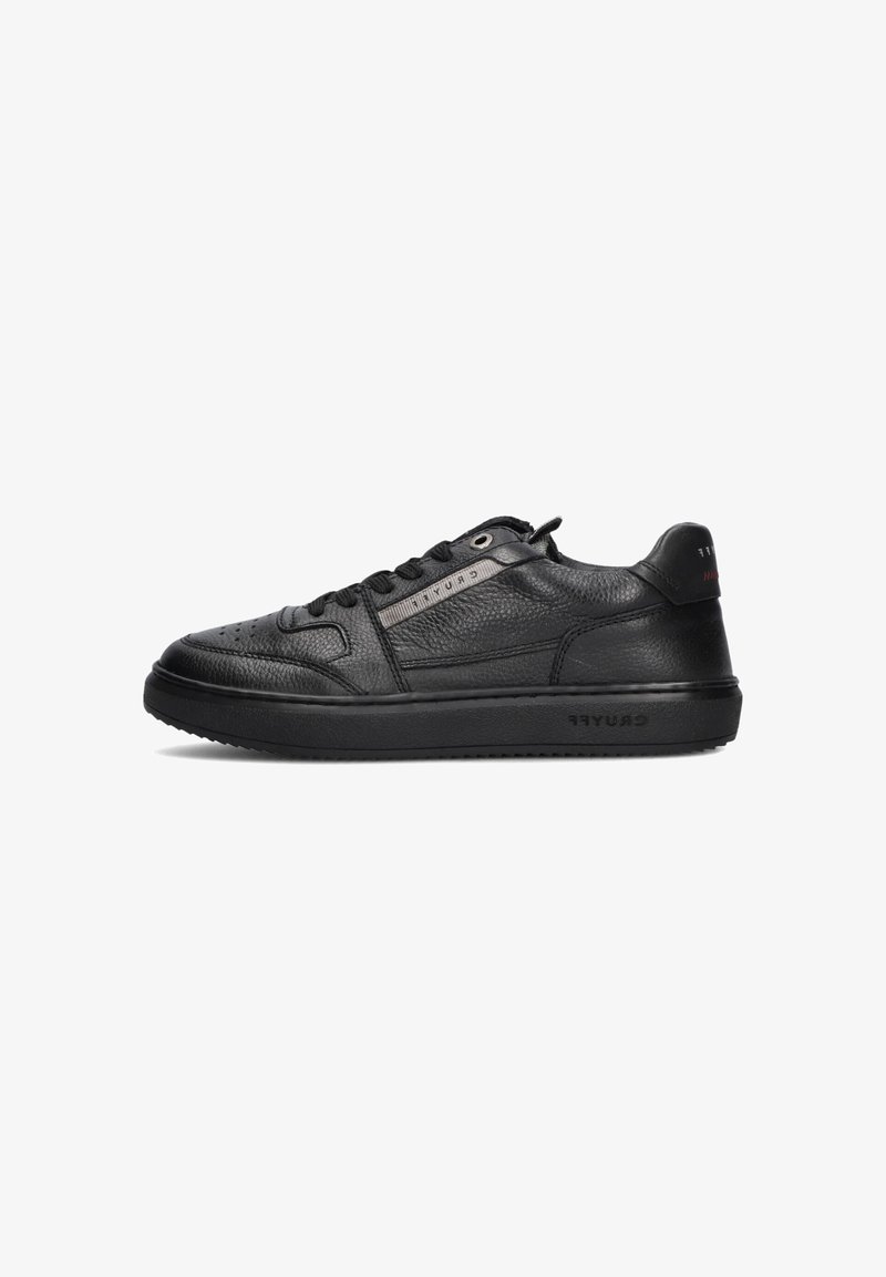 Black leather sneakers with a textured finish, flat rubber sole, lace-up design, and a subtle logo accent on the side and heel.