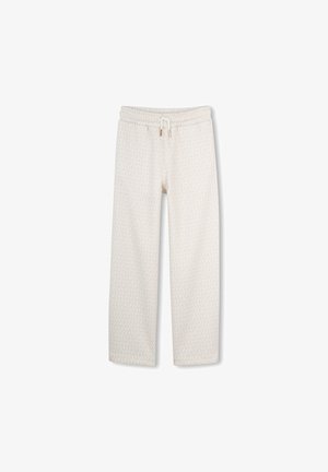 Lichtbeige broek met een subtiel, herhalend patroon, voorzien van een elastische tailleband en trekkoord. Gemaakt van zachte, lichtgewicht stof.