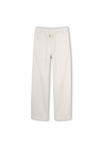 Φωτεινό μπεζ παντελόνι με λεπτό, επαναλαμβανόμενο μοτίβο, διαθέτει ελαστική μέση και κορδόνι. Κατασκευασμένο από απαλό, ελαφρύ ύφασμα.