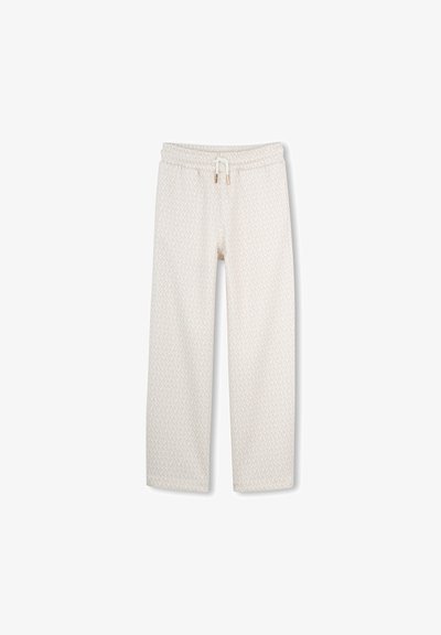 Lichtbeige broek met een subtiel, herhalend patroon, voorzien van een elastische tailleband en trekkoord. Gemaakt van zachte, lichtgewicht stof.