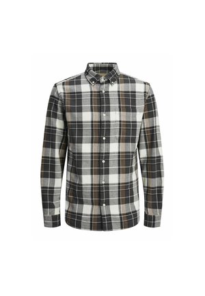Karierte Hemd mit schwarzem, weißem und braunem Karomuster, Button-Down-Kragen, langen Ärmeln und einer Brusttasche. Mischgewebe aus Baumwolle.