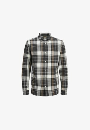 Rutig skjorte med sort, hvid og brun ternet mønster, skjortekrave, lange ærmer og en enkelt brystlomme. Fremstillet af en bomuldsblanding.