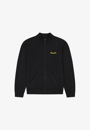 Sort zip-sweatshirt med høj krave, to sidelommer og et lille gult "Wrangler"-logo på venstre bryst. Glat bomuldsblanding.
