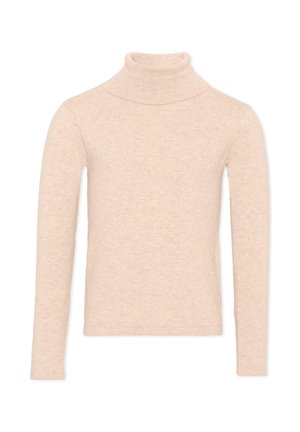 Pull col roulé beige à manches longues avec une texture tricotée douce et une silhouette ajustée.