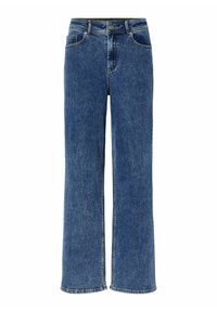 Laivaväri leveälahkeiset farkut korkealla vyötäröllä, viiden taskun muotoilu, haalistunut pinta ja hienovaraiset ommeltavat yksityiskohdat saumoissa.