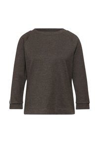 Dunkelgrauer Langarmpullover mit Rundhalsausschnitt, Raglanärmeln und umgeschlagenen Bündchen, aus einem strukturierten, weichen Stoff.