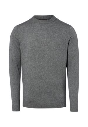 Pull homme gris uni à manches longues avec col rond, en tissu tricoté doux, présenté de face sur fond blanc.