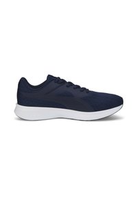 Zapatilla deportiva azul marino con parte superior de malla, acentos texturizados y suela de goma blanca. Presenta un cordón prominente y un diseño aerodinámico.
