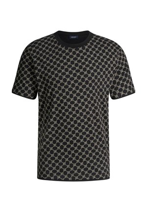 Zwart T-shirt met korte mouwen en een beige cirkelvormig touwenpatroon over de stof, met een ronde halslijn.