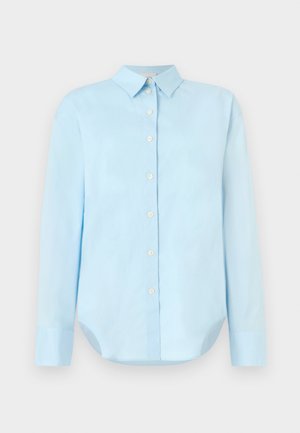 Light blue button-up shirt with long sleeves, a collar, rounded hem, and five front buttons; made of smooth, lightweight fabric.