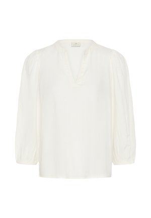 Blouse blanche à manches longues avec manches bouffantes froncées et décolleté en V avec petit col montant.